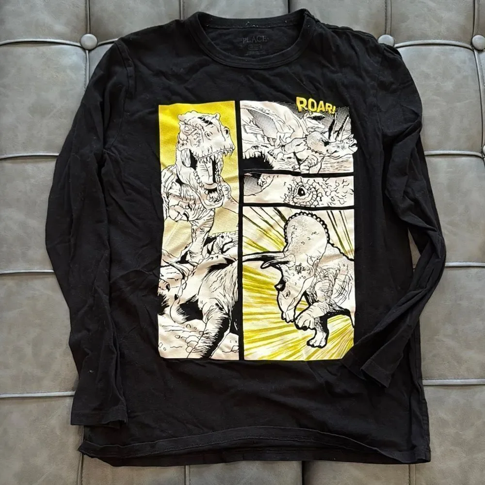 Dinosaur Graphic Kids Long Sleeve Shirts - Black & Gray